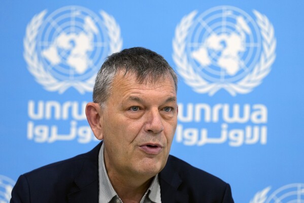The Commissioner-General of the U.N. agency for Palestinian refugees, Philippe Lazzarini, speaks during an interview with The Associated Press at the UNRWA headquarters in Beirut, Lebanon, Wednesday, Dec. 6, 2023. Lazzarini said there is no haven in Gaza for civilians, including U.N. shelters and "safe zones" designated by Israel. (AP Photo/Bilal Hussein)