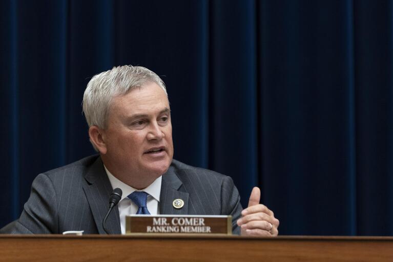 FILE - In this Thursday July 29, 2021 file photo, House Committee on Oversight and Reform committee Ranking Member Rep. James Comer, R-Ky., speaks during a hearing on voting rights in Texas in Washington. (AP Photo/Jacquelyn Martin, File)