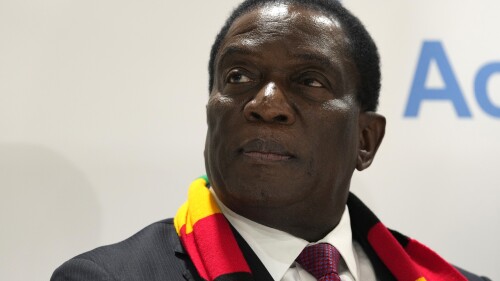 FILE - President Emmerson Mnangagwa, of Zimbabwe, attends a session at the Africa Pavilion at the COP27 U.N. Climate Summit, Nov. 7, 2022, in Sharm el-Sheikh, Egypt.Zimbabwe’s main opposition party went to court Saturday, July 8, 2023 to challenge a police decision to ban it holding a rally in the buildup to what will be highly scrutinized elections next month. The opposition Citizens Coalition for Change party has been told it cannot hold the gathering in the town of Bindura north of the capital Harare on Sunday. (AP Photo/Peter Dejong, File)