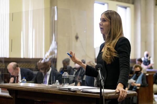 FILE - Tina Glandian, attorney for actor Jussie Smollett, speaks at his sentencing hearing, Thursday, March 10, 2022 at the Leighton Criminal Court Building in Chicago. A U.S. District Judge in Chicago ruled, Friday, March 18, 2022, that Glandian might have defamed the two Black brothers who testified that they participated in a fake racist and homophobic attack on the actor when she suggested they had been wearing 