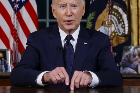President Joe Biden speaks from the Oval Office of the White House Thursday, Oct. 19, 2023, in Washington, about the war in Israel and Ukraine. (Jonathan Ernst/Pool via AP)