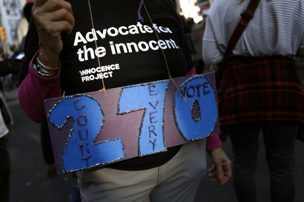 A person holds a sign referring to the number of electoral votes needed to win the presidency while demonstrating outside the Pennsylvania Convention Center where votes are being counted, Thursday, Nov. 5, 2020, in Philadelphia, following Tuesday's election. (AP Photo/Rebecca Blackwell)