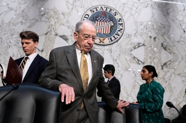 Senate Judiciary Committee Chairman Chuck Grassley, R- Iowa, takes his seat as the panel meets to consider prescription drug pricing and other measures, at the Capitol in Washington, Thursday, April 3, 2025. (AP Photo/J. Scott Applewhite)