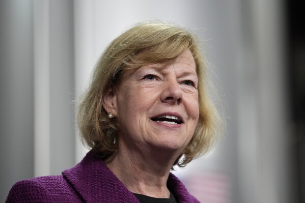 FILE - Sen. Tammy Baldwin, D-Wis., speaks before President Joe Biden, Jan. 25, 2024, in Superior, Wis. Several Democrats running for the Senate this year say they support overriding the filibuster, which requires a 60-vote supermajority to pass legislation, to protect reproductive rights if their party retains control of the chamber. Baldwin has made protecting reproductive rights a cornerstone of her campaign — and she's willing to back that up by pledging to change the Senate filibuster rules if Democrats retain control of the chamber. (AP Photo/Alex Brandon, File)