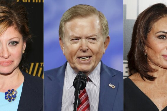 This combination photo shows Maria Bartiromo in New York on April 6, 2016, from left, Lou Dobbs at the Conservative Political Action Conference (CPAC) in Oxon Hill, Md. on Feb. 24, 2017 and Jeanine Pirro in New York on Jan. 28, 2015. Fox News personalities Bartiromo, Dobbs and Pirro are seeking the dismissal of claims against them and their employer as part of a $2.7 billion libel lawsuit brought by the voting technology company Smartmatic. (AP Photo)