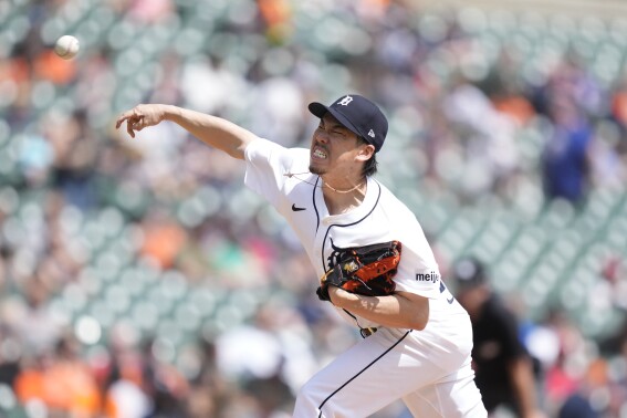 Detroit Tigers starting pitcher Kenta Maeda throws during the fifth inning of a baseball game against the St. Louis Cardinals, Wednesday, May 1, 2024, in Detroit. (AP Photo/Carlos Osorio)