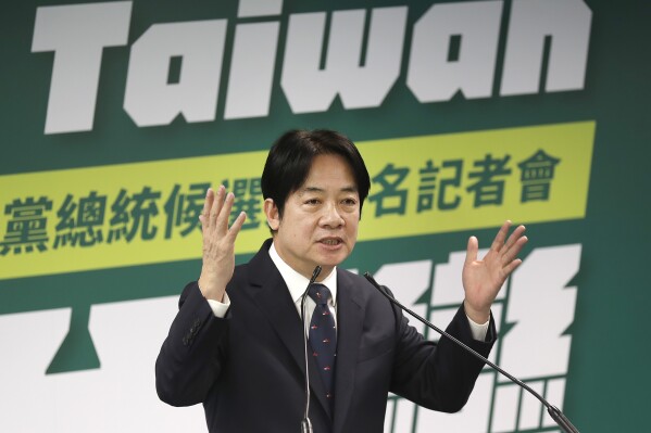 FILE - Taiwan's Vice President Lai Ching-te, also known as William Lai, speaks in Taipei, Taiwan, April 12, 2023. On Saturday, Jan. 13, 2024, the island of 23 million people will choose a new president to replace Tsai Ing-wen, who has served the limit of two terms. The election has drawn high attention because Beijing is opposed to front-runner Lai Ching-te, the candidate from the governing Democratic Progressive Party, which is known for its pro-independence learnings. This has raised concerns that a Lai win could trigger a military response from the mainland.(AP Photo/Chiang Ying-ying, File)