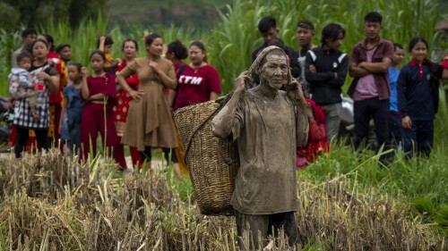 People gather to watch others playing in the mud in a paddy field on Asar Pandra, or paddy planting day at Bahunbesi, Nuwakot District, 30 miles north of Kathmandu, Nepal, Friday, June 30, 2023. Nepalese people celebrate the festival by planting paddy, playing in the mud, singing traditional songs, eating yogurt and beaten rice.(AP Photo/Niranjan Shrestha)