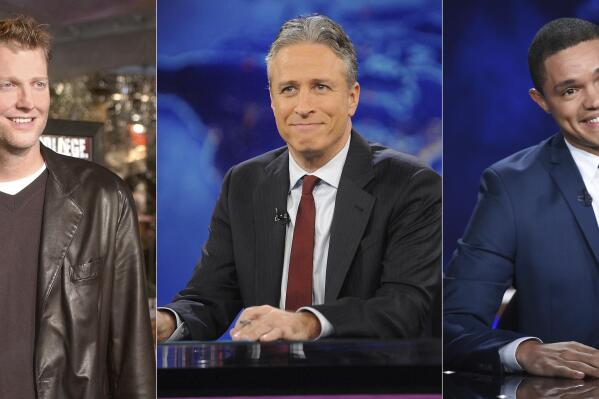 In this combination photo, Craig Kilborn, former host of "The Daily Show," appears at the premiere of "Old School" in Los Angeles on Feb. 13, 2003, from left, Jon Stewart appears during a taping of "The Daily Show with Jon Stewart" in New York on Nov. 30, 2011 and Trevor Noah appears during a taping of "The Daily Show with Trevor Noah" in New York on Sept. 29, 2015. Comedy Central's “The Daily Show,” launched 25 years ago this month, dedicated to skewering journalism and warning viewers about how they take in their news. (AP Photo)