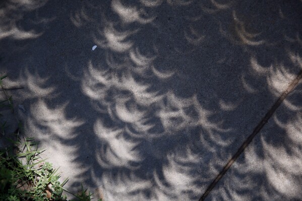 FILE - Images of the crescent shaped sun are projected on a sidewalk as light passes through the leaves of a tree during a partial solar eclipse in Oklahoma City, Monday, Aug. 21, 2017. (AP Photo/Sue Ogrocki)