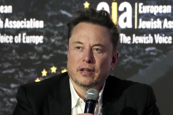 FILE - Tesla and SpaceX's CEO Elon Musk addresses the European Jewish Association's conference, in Krakow, Poland, Monday, Jan. 22, 2024. A group of federal appeals court judges in New Orleans is deciding whether a 2018 Twitter post by Tesla CEO Elon Musk unlawfully threatened Tesla employees with the loss of stock options if they decided to be represented by a union. (AP Photo/Czarek Sokolowski, File)