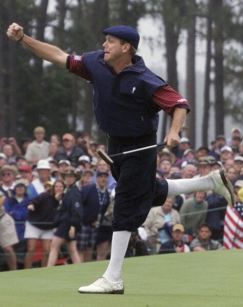 FILE - Payne Stewart celebrates after winning the U.S. Open golf championship at Pinehurst No. 2 in Pinehurst, N.C., June 20, 1999. The U.S. Open returns to Pinehurst for the fourth time, June 13-16, 2024. (AP Photo/Chuck Burton, File)