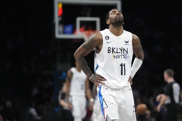 FILE - Brooklyn Nets' Kyrie Irving reacts during the second half of the team's NBA basketball game against the Detroit Pistons Thursday, Jan. 26, 2023 in New York. All-Star guard Kyrie Irving has asked the Nets for a trade. He made the request after talks about a new contract did not go to his liking, a person told The Associated Press on condition of anonymity because talks were to remain private. It was first reported by ESPN and The Athletic. (AP Photo/Frank Franklin II, File)