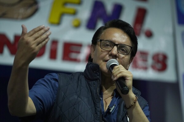 Presidential candidate Fernando Villavicencio speaks during a campaign event at a school minutes before he was shot to death outside the same school in Quito, Ecuador, Wednesday, Aug. 9, 2023 (API via AP)