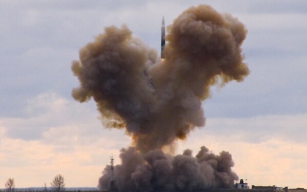 FILE - In this image taken from video provided by RU-RTR Russian television via AP television on Thursday, March 1, 2018, the Avangard hypersonic vehicle blasts off during a test launch at an undisclosed location in Russia. (RU-RTR Russian Television via AP, File)