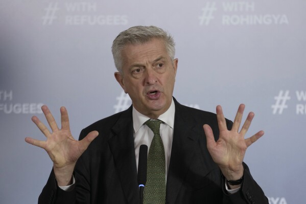 United Nations High Commissioner for Refugees Filippo Grandi speaks during a news conference in Bangkok, Thailand, Tuesday, Oct. 17, 2023. High Commissioner Grandi on Tuesday declared that the plight of ethnic Rohingya refugees from Myanmar should not be forgotten in the midst of other world crises.(AP Photo/Sakchai Lalit)