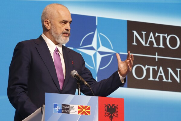 Albania's Prime Minister Edi Rama speaks to the media following meeting with NATO Secretary General Jens Stoltenberg and Allied leaders from the Western Balkan countries, in Skopje, North Macedonia, on Wednesday, Nov. 22, 2023. (AP Photo/Boris Grdanoski)