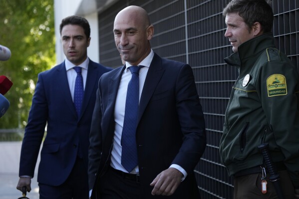 The former president of Spain's soccer federation Luis Rubiales arrives at the National Court in Madrid, Spain, Monday, April. 29, 2024. Rubiales will testify on Monday as a defendant for alleged corruption during his time at the head of the organization. (AP Photo/Bernat Armangue)