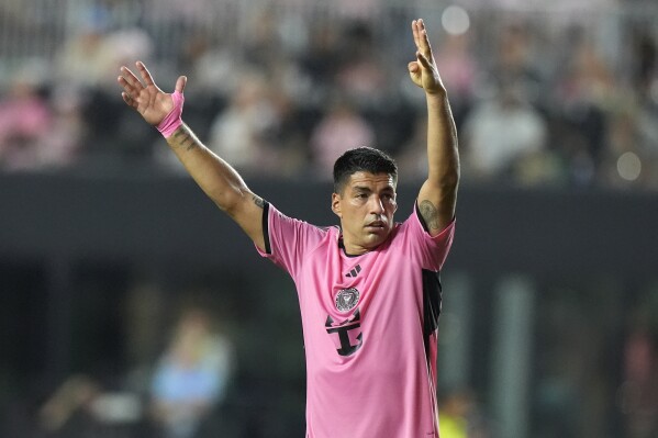 Inter Miami forward Luis Suárez reacts during the second half of an MLS soccer match against Atlanta United Wednesday, May 29, 2024, in Fort Lauderdale, Fla. (AP Photo/Lynne Sladky)