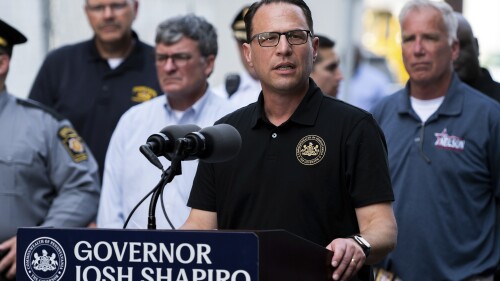 FILE - Pennsylvania Gov. Josh Shapiro speaks during a news conference following the collapse of an elevated section of Interstate 95 after a tanker truck caught fire, June 11, 2023, in Philadelphia. Shapiro is trying to wrap up his first budget by the start of the new fiscal year on Saturday, July 1, as the Democrat works to balance Pennsylvania's politically divided Legislature in perhaps his biggest test yet of his political skills under the Capitol dome. (AP Photo/Joe Lamberti, File)