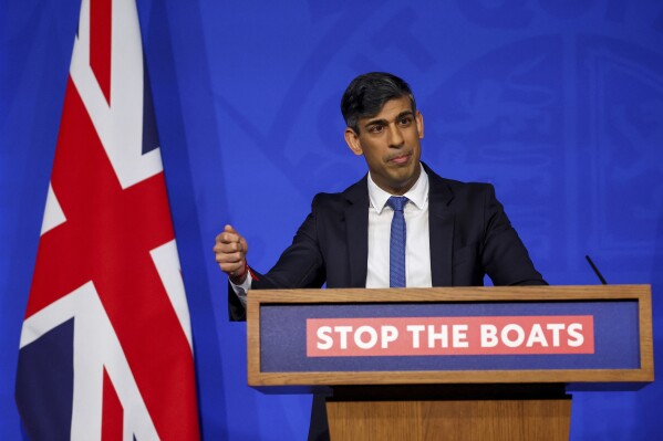 British Prime Minister Rishi Sunak speaks at a press conference at Downing Street, in London, Monday, April 22, 2024. Sunak pledged Monday that the country’s first deportation flights to Rwanda could leave in 10-12 weeks as he promised to end the Parliamentary deadlock over a key policy promise before an election expected later this year. (Toby Melville/Pool Photo via Ǻ)
