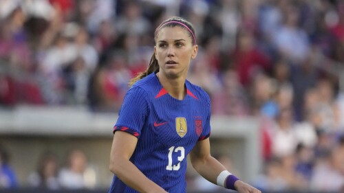 FILE - United States' Alex Morgan plays during the first half of an international friendly soccer match against Ireland Tuesday, April 11, 2023, in St. Louis. Morgan is one of the veterans selected Wednesday, June 21, 2023, for the United States team that will defend its title at the Women's World Cup next month.(AP Photo/Jeff Roberson, File)