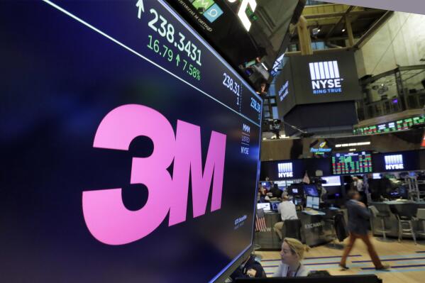 FILE- In this Oct. 24, 2017, file photo, the logo for 3M appears on a screen above the trading floor of the New York Stock Exchange. 3M, maker of Post-it notes, industrial coatings and ceramics, is cutting about 2,500 manufacturing jobs worldwide, Tuesday, Jan. 24, 2023 as it looks to align itself with adjusted production volumes. (AP Photo/Richard Drew, File)
