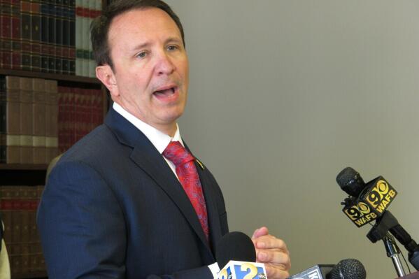 FILE - In this April 1, 2019, file photo, Louisiana Attorney General Jeff Landry talks about health care legislation he's backing in the upcoming session, in Baton Rouge, La. Louisiana intends to divvy up the $325 million it expects to receive from a national settlement of opioid epidemic lawsuits to parish sheriffs and local governments to provide addiction treatment, response and recovery services, Attorney General Landry said Wednesday, Oct. 6, 2021. (AP Photo/Melinda Deslatte, File)
