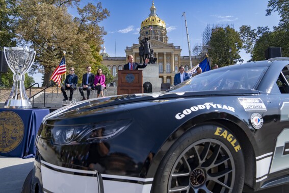 Rusty Wallace, designer of the Iowa Speedway in Newton, speaks during news conference, Tuesday, Oct. 3, 2023, outside of the Iowa State Capitol in Des Moines, as NASCAR announces it will hold a Cup Series auto race at the speedway next year. (Zach Boyden-Holmes/The Des Moines Register via AP)