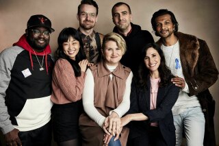 Lil Rel Howery, from left, Alice Lee, Micah Stock, Jillian Bell, director Paul Downs Colaizzo, Michaela Watkins and Utkarsh Ambudkar pose for a portrait to promote the film "Brittany Runs A Marathon" at the Salesforce Music Lodge during the Sundance Film Festival on Sunday, Jan. 27, 2019, in Park City, Utah. (Photo by Taylor Jewell/Invision/AP)