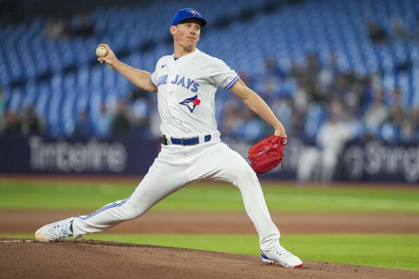 Toronto Blue Jays starting pitcher Chris Bassitt (40) throws against the Houston Astros during the first inning of a baseball game in Toronto on Wednesday, June 7, 2023. (Andrew Lahodynskyj/The Canadian Press via AP)
