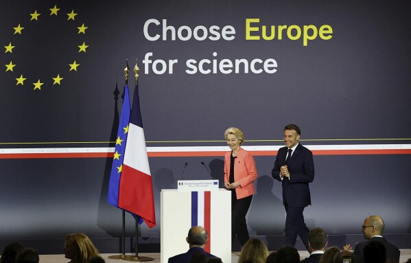 French President Emmanuel Macron and the President of the European Commission, Ursula von der Leyen "Choose Europe for science" Event at Sorbonne University in Paris on Monday, May 5, 2025. (Gonzalo Fuentes/Pool via AP, file)