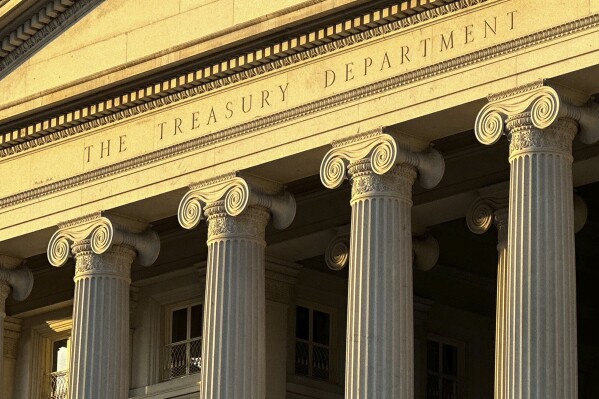 FILE - The Treasury Department is seen near sunset in Washington, Jan. 18, 2023. The U.S. on Feb. 14, 2024, imposed sanctions on three people and four firms, across Iran, the United Arab Emirates and Turkey, for allegedly helping to export goods and technology purchased from U.S. companies to Iran and the nation's central bank. Treasury's Office of Foreign Assets Control said the procurement network transferred U.S. technology for use by Iran's Central Bank in violation of U.S. export restrictions and sanctions. (AP Photo/Jon Elswick, File)