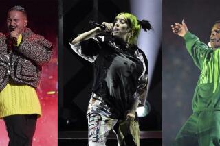 This combination photo shows  J Balvin, from left, Billie Eilish and A$AP Rocky, who will headline at the Governors Ball Music Festival on Sept. 24-26 in Queens at the Citi Field complex. (AP Photo)