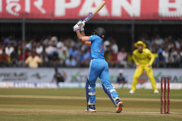 India's Shubman Gill plays a shot during the second one day international cricket match between India and Australia in Indore, India, Sunday, Sept. 24, 2023. (AP Photo/Ajit Solanki)