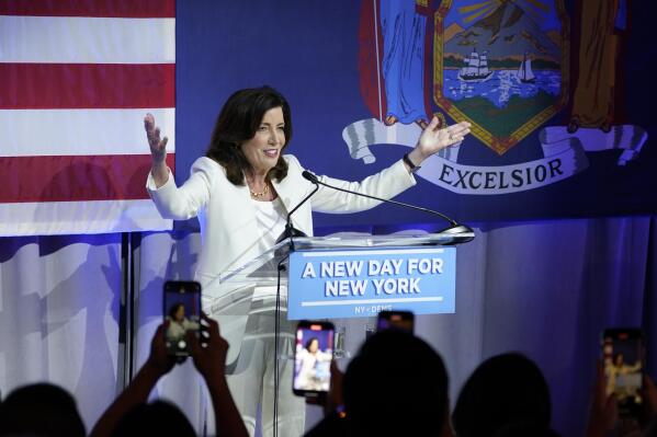 New York Gov. Kathy Hochul speaks during her primary election night party, Tuesday, June 28, 2022, in New York. (AP Photo/Mary Altaffer)
