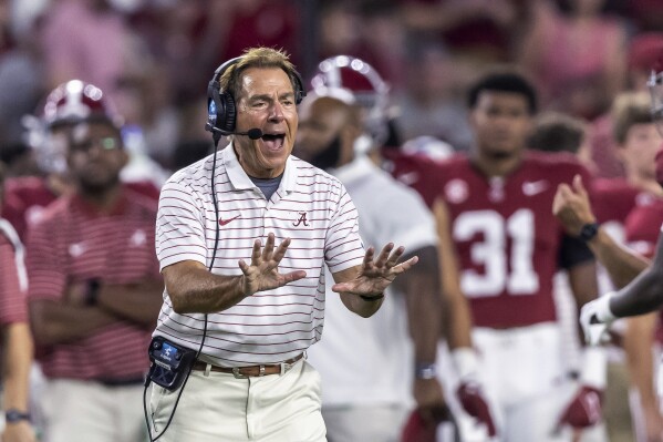 Alabama coach Nick Saban argues a call during the second half the team's NCAA college football game against Middle Tennessee, Saturday, Sept. 2, 2023, in Tuscaloosa, Ala. (AP Photo/Vasha Hunt)