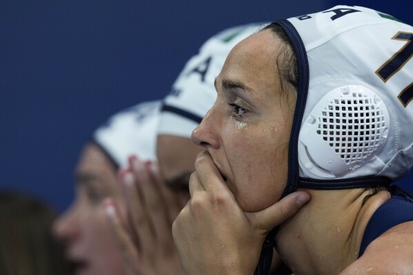 Italy's Agnese Cocchiere watches during a women's Group B preliminary match between Italy and Spain, at the 2024 Summer Olympics, Sunday, Aug. 4, 2024, in Saint-Denis, France. (AP Photo/Luca Bruno)