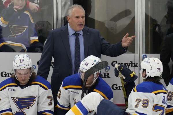 FILE - St. Louis Blues head coach Craig Berube talks to players during the third period of an NHL hockey game against the Chicago Blackhawks in Chicago, Nov. 26, 2023. The Blues fired coach Berube on Tuesday, Dec. 12, hours after a loss to the Detroit Red Wings. (AP Photo/Nam Y. Huh, File)
