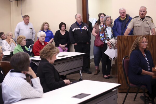 Dubuque County Sheriff Joe Kennedy addresses his decision to not sign an agreement with U.S. Immigration & Customs Enforcement that grants local law enforcement authority to perform certain immigration functions, Monday, May 19, 2025, in Dubuque, Iowa. (Benjamin Fisher/Telegraph Herald via AP)