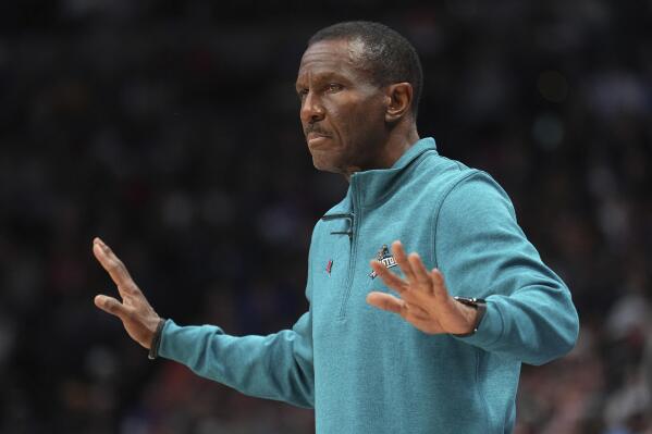 Detroit Pistons head coach Dwane Casey reacts against the Denver Nuggets during the second quarter of an NBA basketball game, Tuesday, Nov. 22, 2022, in Denver. (AP Photo/Jack Dempsey)