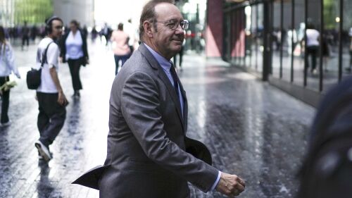 Actor Kevin Spacey walks outside Southwark Crown Court, London, Monday July 17, 2023. Elton John briefly testified Monday for the defense at Kevin Spacey's sexual assault trial as the actor's lawyer attempted to discredit a man who claimed the Oscar winner aggressively grabbed his crotch while driving to the singer's summer ball. (Jordan Pettitt/PA via AP)