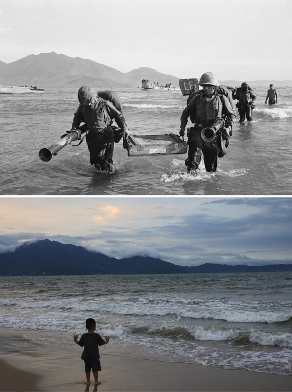 This combination of photos shows members of the 9th U.S. Marine Expeditionary Force, going ashore at Da Nang, South Vietnam, March 8, 1965, top, and a boy playing at the same location on March, 6, 2025. (AP PhotoYannick Peterhans)