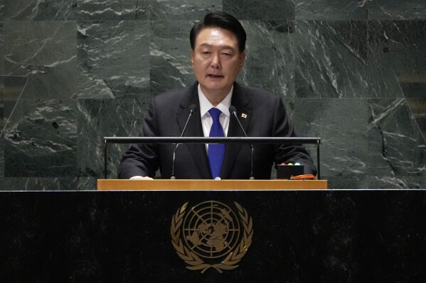 South Korea's President Yoon Suk Yeol addresses the 78th session of the United Nations General Assembly, Wednesday, Sept. 20, 2023. (AP Photo/Richard Drew)