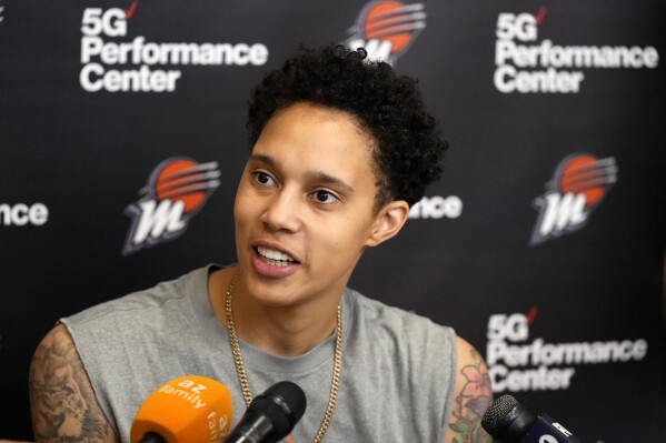 Phoenix Mercury WNBA basketball All-Star center Brittney Griner speaks about recent events, the struggling Mercury team, and the new Mercury interim head coach during a news conference Monday, June 26, 2023, in Phoenix. (AP Photo/Ross D. Franklin)