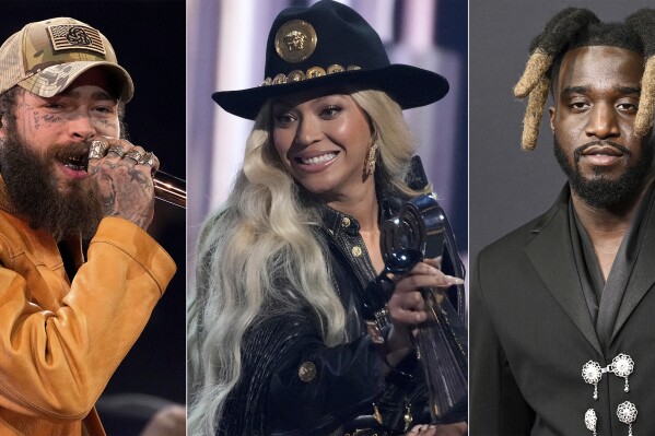 This combination of images shows recording artists, Post Malone, from left, Beyoncé, and Shaboozey. (AP Photo)