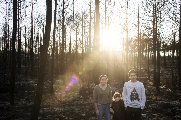 Siblings Claudia Agostinho, Mariana Agostinho and Martim Agostinho pose for a picture by burnt pine trees in Leiria, Portugal, Dec. 17, 2017. They are three of the six Portuguese children and young adults set to take 32 European governments to court on Wednesday, Sept. 27, for what they say is a failure to adequately address human-caused climate change in a violation of their human rights. (AP Photo/Ana Brigida)
