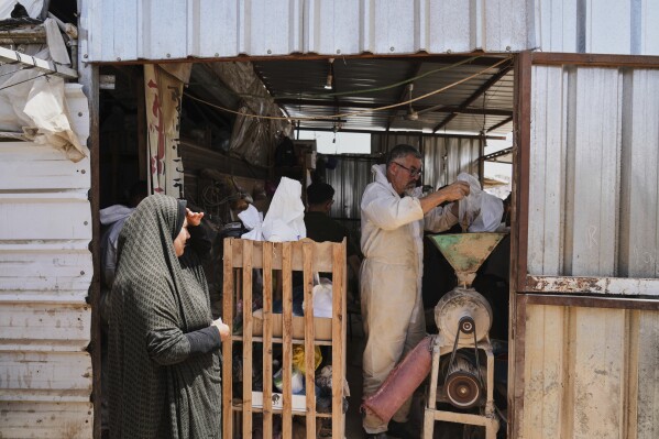 Nevin Qassim, a displaced Palestinian woman purchases ground lentils as a substitute for making bread due to a shortage of flour in the Gaza Strip, in Khan Younis, on Sunday, May 11, 2025. (AP Photo/Abdel Karem Hanna)