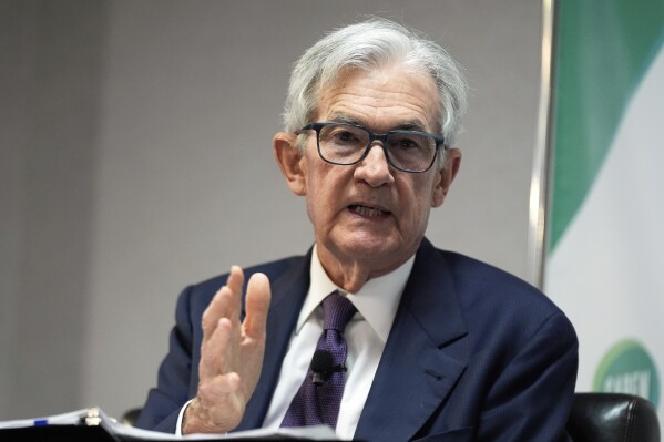 Federal Reserve Chairman Jerome Powell speaks at the SABEW Annual Conference Society for Advancing Business Editing and Writing Annual Conference in Arlington, Va., Friday, April 4, 2025. (AP Photo/Manuel Balce Ceneta)