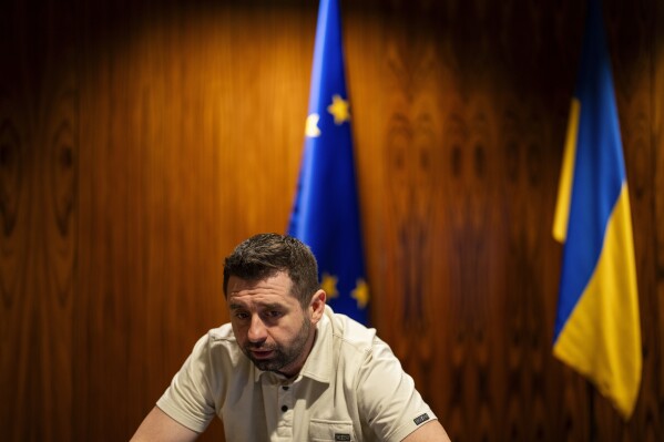 Davyd Arakhamia, a lawmaker with Ukrainian President Volodymyr Zelenskyy's Servant of the People party, talks during an interview with Associated Press in Kyiv, Ukraine, Monday, April 22, 2024. (AP Photo/Francisco Seco)